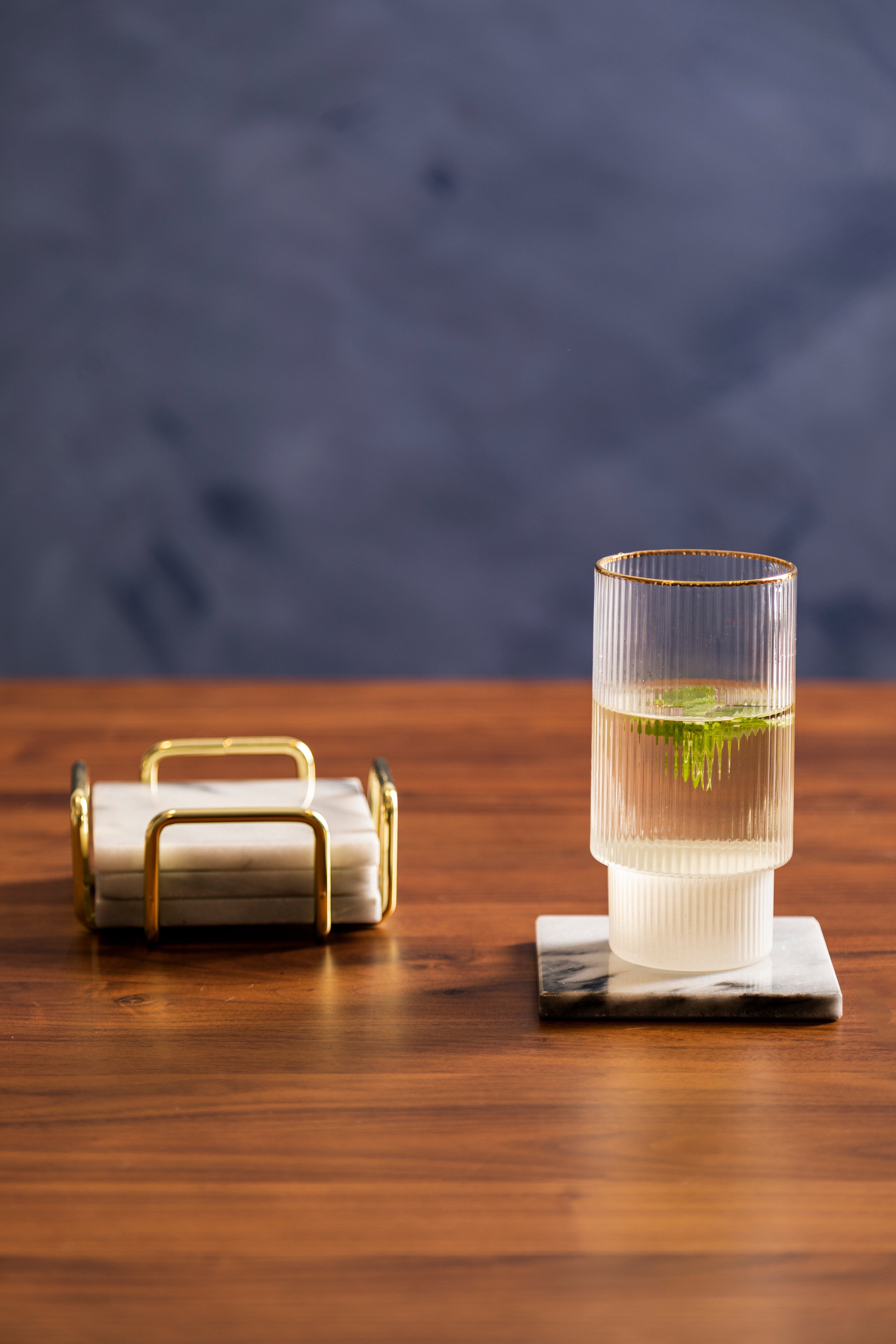 Set of 4 Trevi White Marble Coasters with Brass Finish Holder